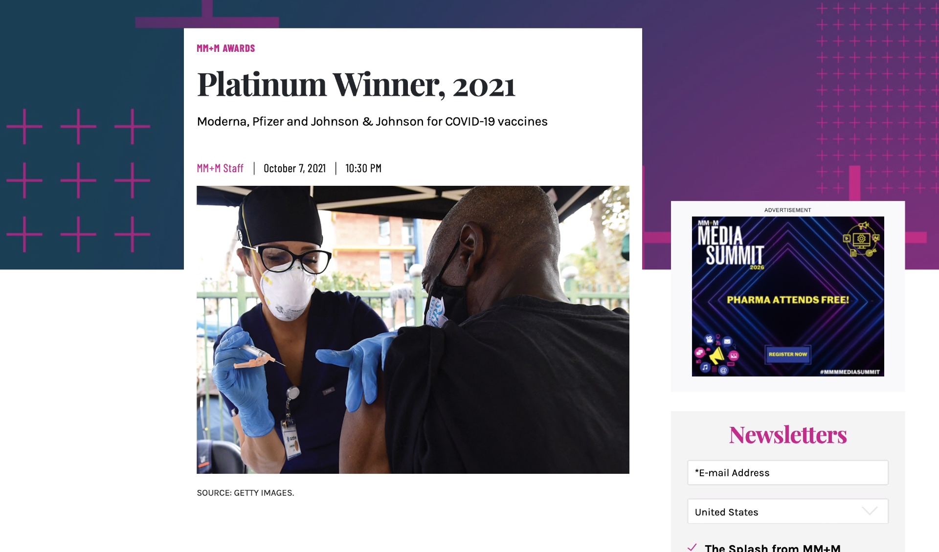 MM+M Awards Platinum Winner, 2021 article announcing Moderna, Pfizer and Johnson & Johnson for COVID-19 vaccines.