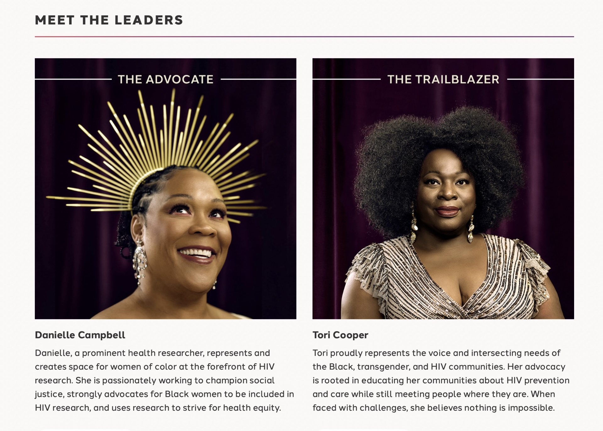 Champions of Change Meet the Leaders section featuring Danielle Campbell (The Advocate) and Tori Cooper (The Trailblazer).
